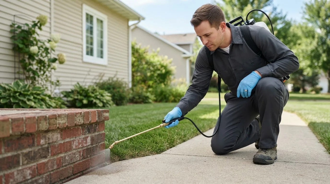 Pest control technician treating a home near Randolph, TX